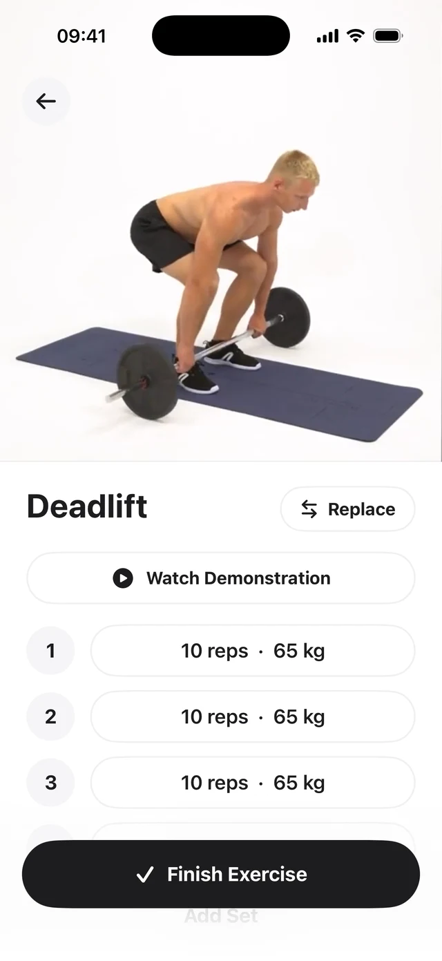 Deadlift exercise screen with demo video and set tracking