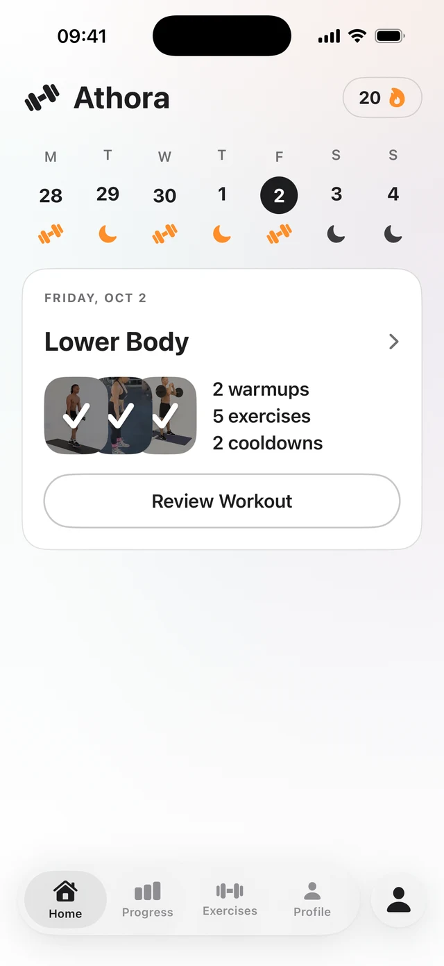 Athora home screen with weekly calendar and today's workout